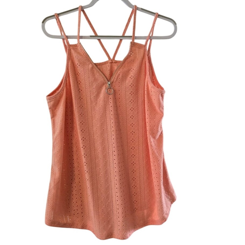 Coral Eyelet Tank Top Sleeveless Cami Blouse Criss‎ Cross Straps Sz XL